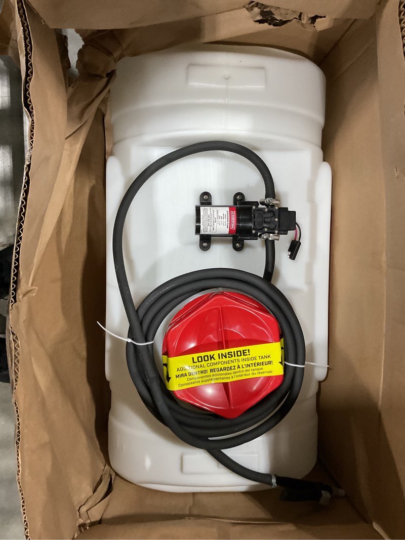Condition photo showing New/Like New for chapin 97154 tank sprayer, 15?gallon, atv/utv, heavy?duty poly tank, 12v diaphragm pump, 6" wide opening, triple filtration, 18" wand & 15?ft hose for fertilizer, weed & pest applications 15-gallon