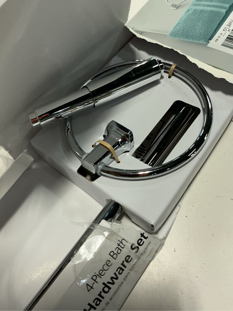 Condition photo showing As Is for mainstays square 4-piece bathroom hardware set, chrome
