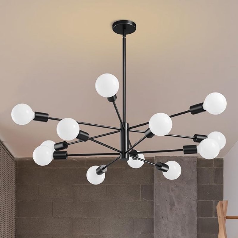 (Incomplete) Modern Sputnik Chandeliers Light, 12-Light Black Chandeliers for Dining Room, E26 Height Adjustable Chandelier Ceiling Lighting Fixture for Farmhouse Kitchen Island Living Room Foyer