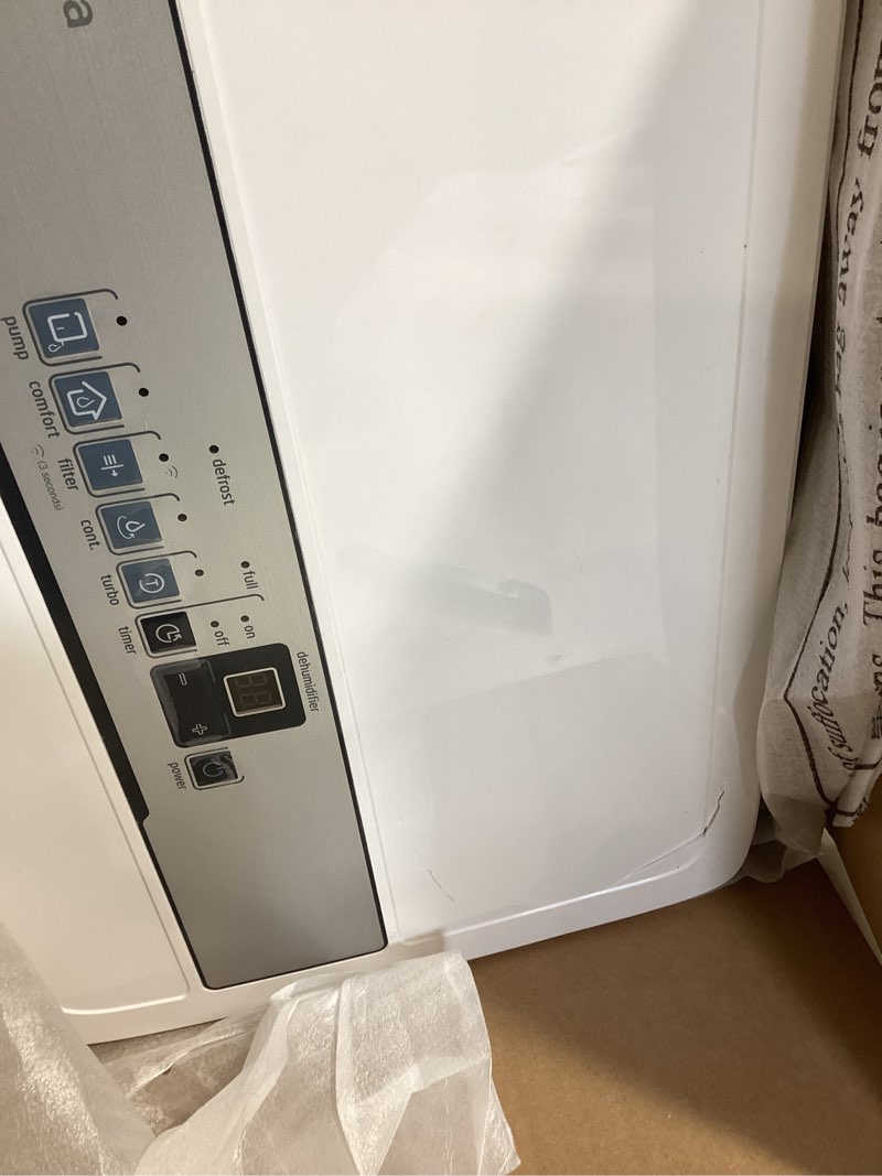 Condition photo showing As Is for midea 4,500 sq. ft. dehumidifier with pump included, 50 pint - ideal for basements, large & medium sized rooms, and bathrooms (white) 4,500 sq. ft. with pump - wifi