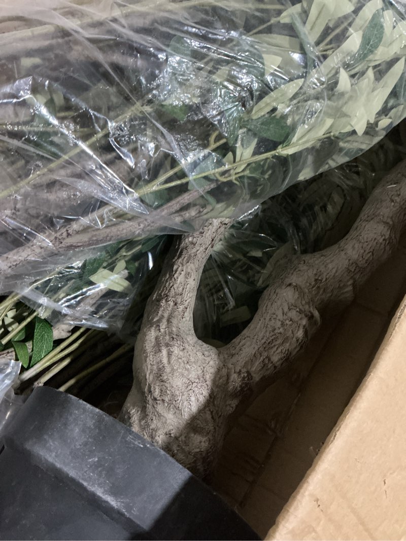 Condition photo showing As Is for afand 8ft artificial olive tree – extra tall faux olive tree with realistic tree trunk and realistic leaves, large statement fake olive tree for hotel lobby, office, restaurant & luxury interior decor