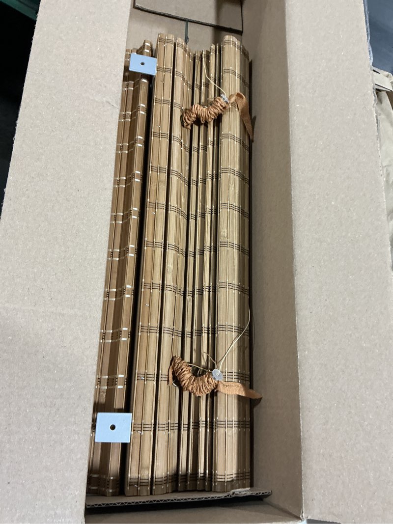 Condition photo showing As Is for LazBlinds No Tools No Drill Cordless Bamboo Roman Shades, Light Filtering Window Treatment, Roll Up Bamboo Blinds for Windows 23'' W x 64'' H, Brown Light Filtering-brown206 23" W x 64" H