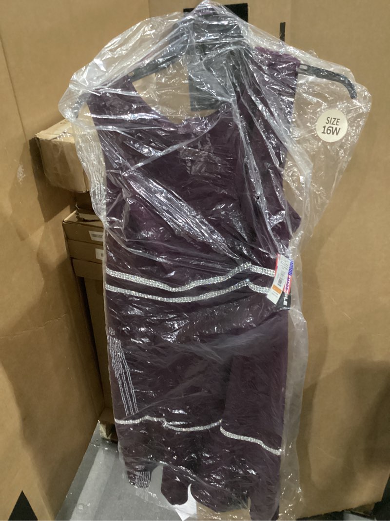 Condition photo showing Good Condition for R&M Richards Knee Length Cocktail Dress W/Rhinestone & Bottom Ruffle 16 Plus Wine