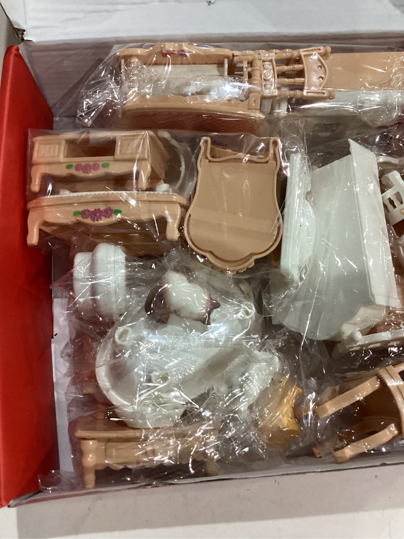 Condition photo showing New/Like New for dollhouse furniture set, complete room collection with kitchen, dining, living room, bedroom and bathroom accessories, plastic (36-piece hrown)