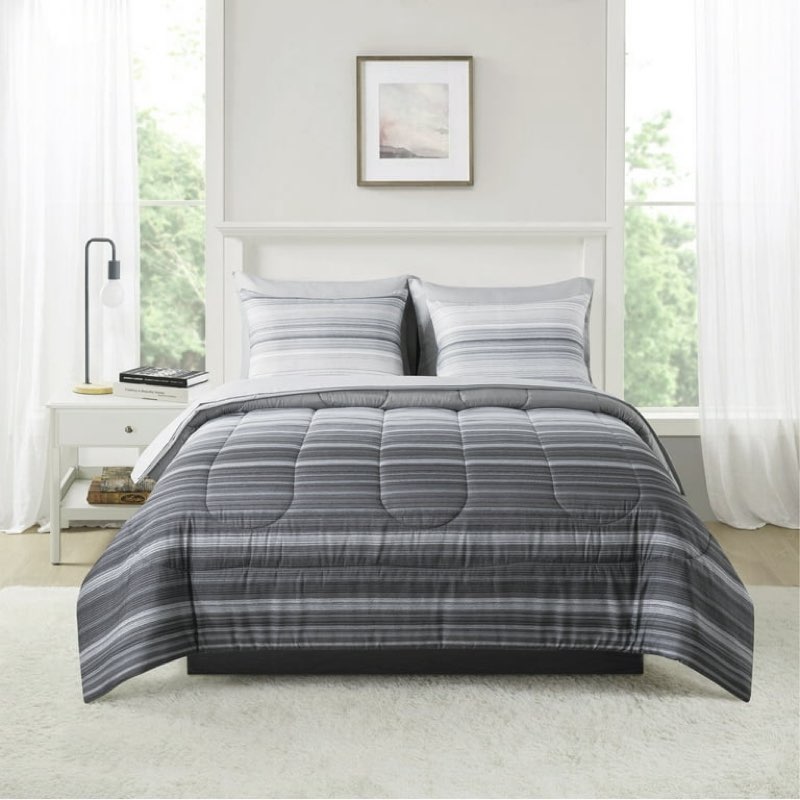 mainstays 7-piece reversible bed in a bag comforter set with sheets, gray stripe ombre, full