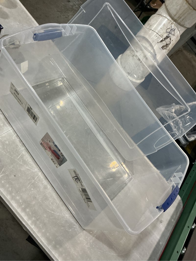 Condition photo showing As Is for sterilite 105 quart latch box, clear plastic storage bin with clear lid, blue