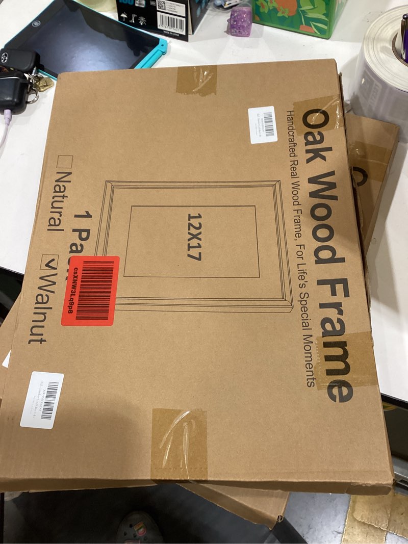 Condition photo showing New/Like New for heimlove 12x17 picture frames solid oak wood,17 x 12 photos frame with tempered glass,wall gallery poster frame with no mat,horizontal and vertical for wall mounting,home office decoration,walnut color 1 12x17-1p
