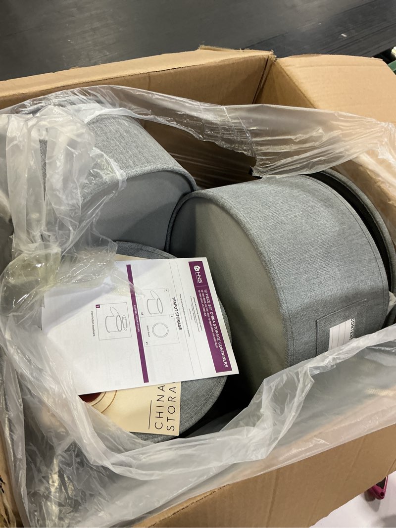 Condition photo showing Good Condition for China Storage Hard Shell Containers 12-Piece Set Moving Boxes for Dinnerware, Glasses, Plates, Mugs and Saucers Sturdy Dish Organizer with Dividers for Seasonal Storage - Service for 12 - Grey 12 Pack Gray