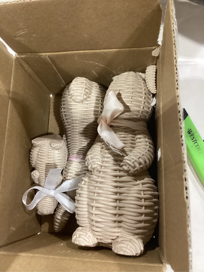 Condition photo showing As Is for dn deconation golden polyresin bunny decor rabbit figurines, easter bunny statue set of 3 for spring tabletop decor vintage gold-3pcs