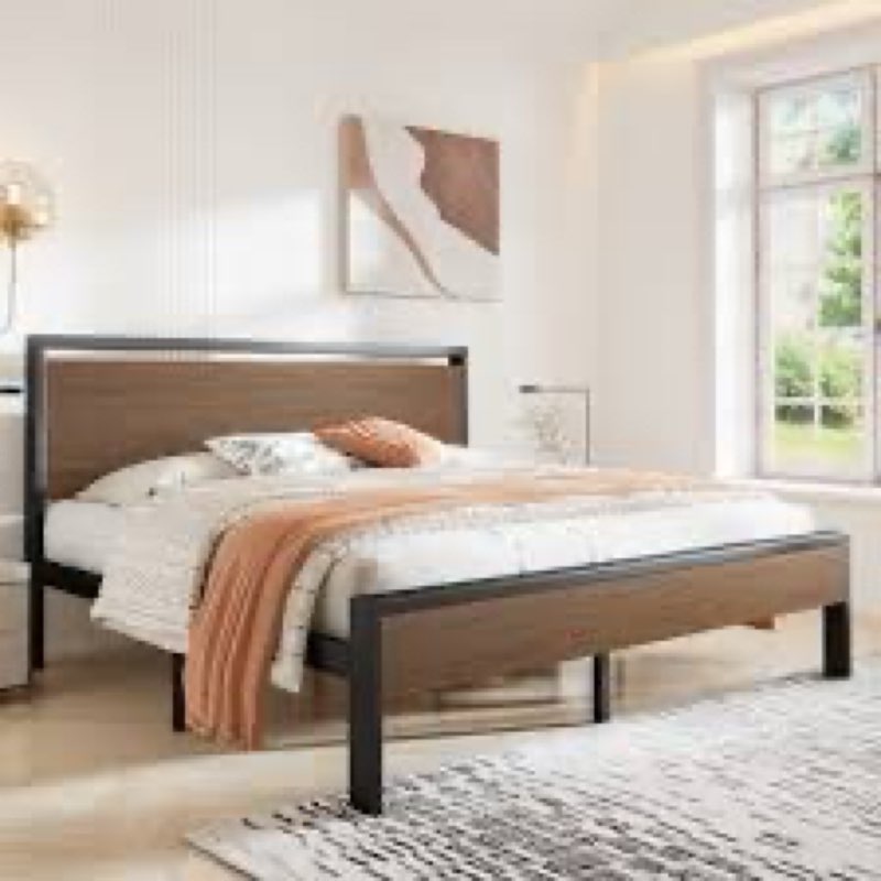 Metal Frame Platform Bed with Wood Headboard
