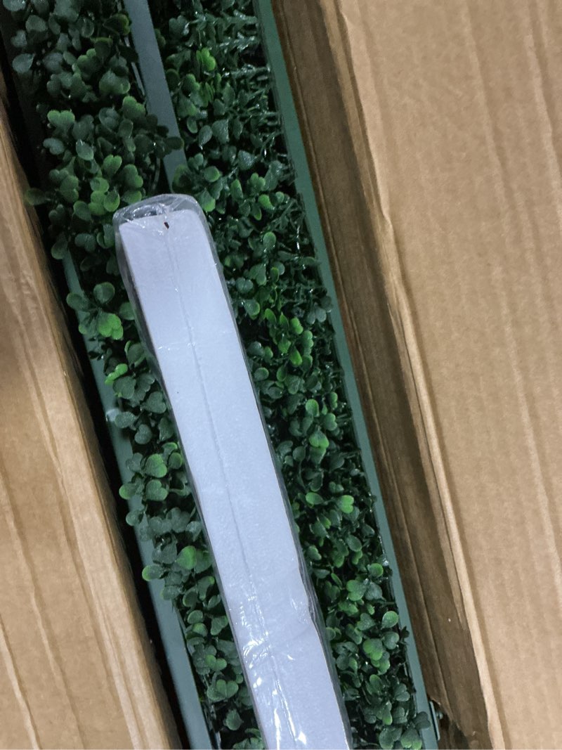 Condition photo showing Good Condition for artificial boxwood hedge wall with black steel planter box and wheels, greenery fake faux grass backdrop divider panels for outdoor decor 48" wx50 hx14 d 48" wx50" hx14" d