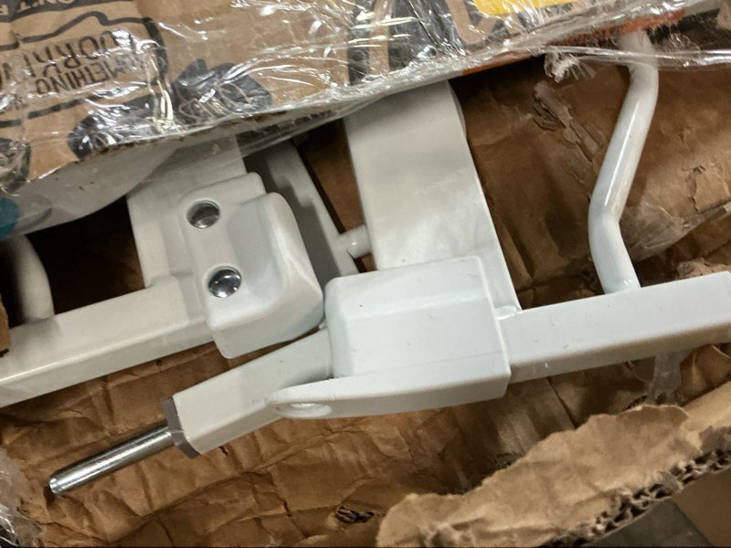 Condition photo showing As Is for Carlson Extra Wide Walk Through Pet Gate with Small Pet Door, Includes 4-Inch Extension Kit, Pressure Mount Kit and Wall Mount Kit, White