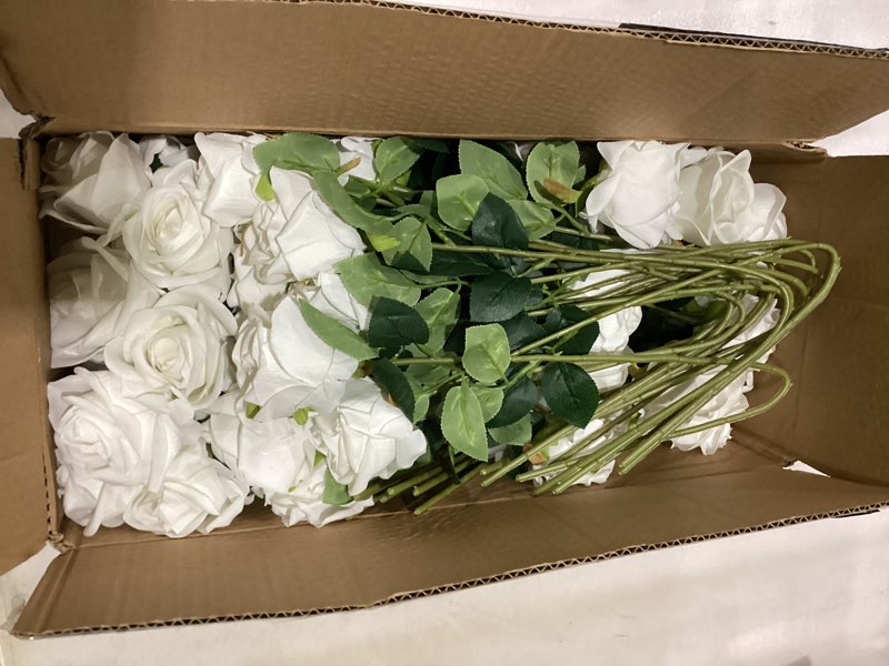 Condition photo showing As Is for 60 Pcs Artificial Roses Bulk Velvet Silk White Roses White Roses for Wedding Centerpieces Bridal Bouquet Mohter's Day Valentine's Day Home Decor (60, White) White 60