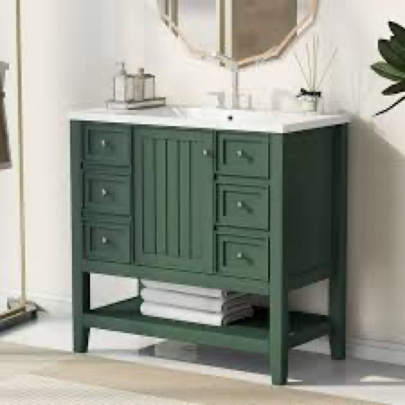 36" Bathroom Vanity with Sink, One Cabinet and Three Drawers, Solid Wood and MDF Board