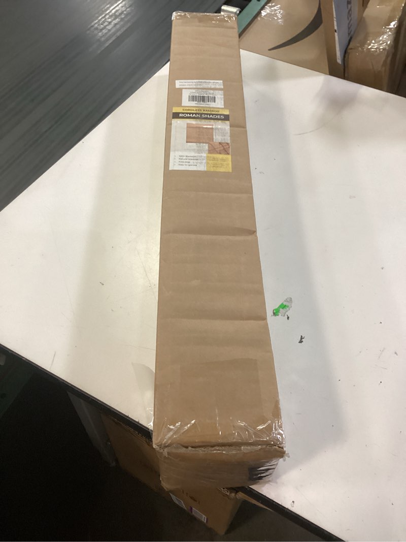 Condition photo showing New/Like New for cordless bamboo roman shades for windows, 100% blackout backing fabric for light blocking, 28" w × 64" h - papara carbon blackout - papara carbon 28" w × 64" h