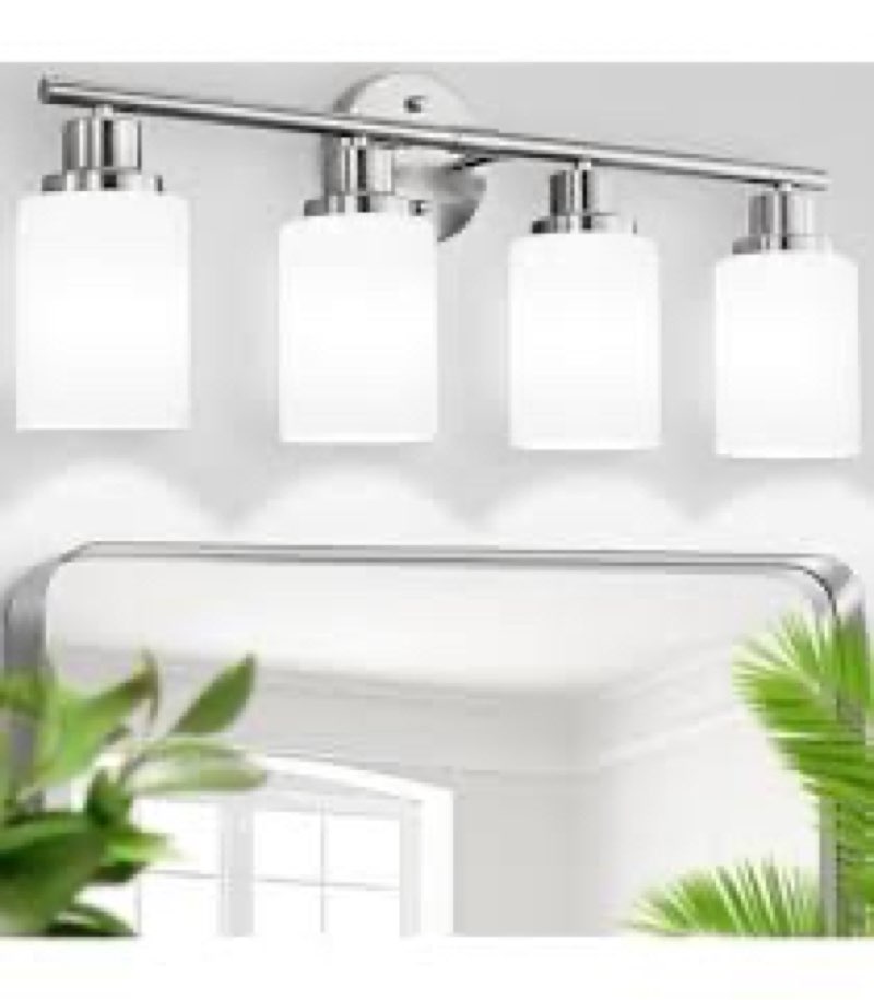 BNHHLZ White Glass Bathroom Vanity Light Fixtures 4 Light Mid Century Nickel Vanity Light Over Mirro