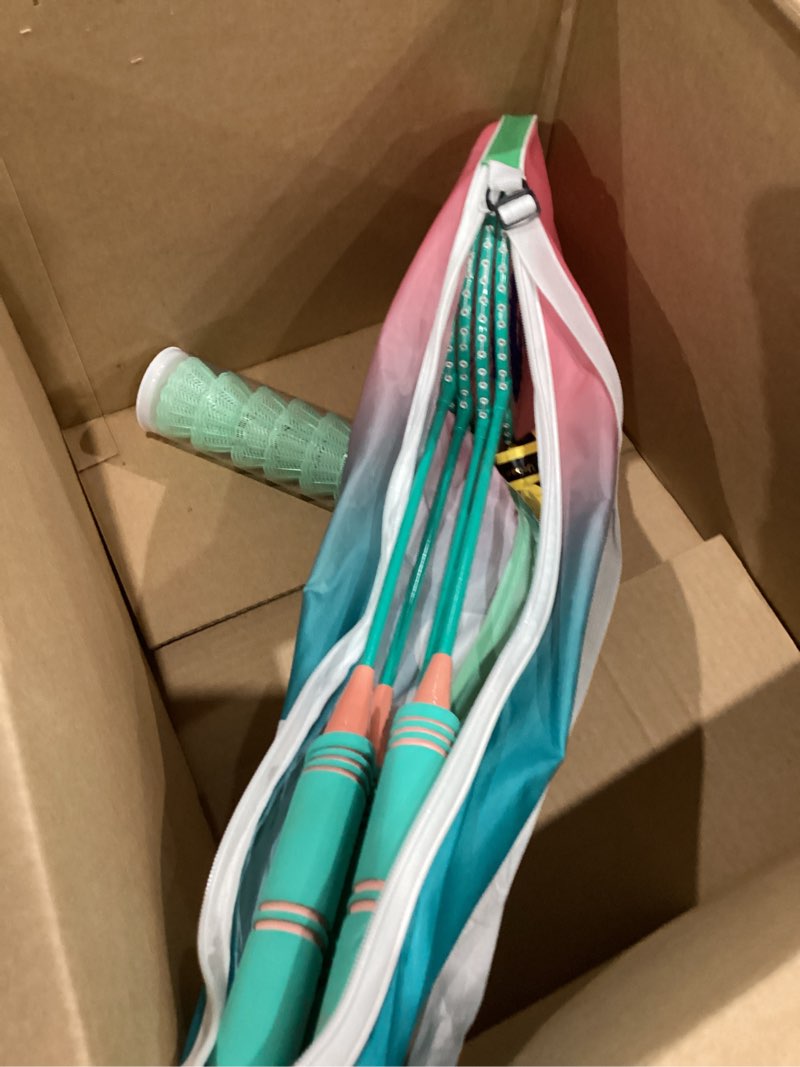 Condition photo showing Good Condition for badminton rackets set of 4 for outdoor backyard games,including 4 rackets, 6 nylon shuttlecocks, 4 replacement grip tapes and 1 carrying bag, lightweight badminton racquets for kids adults beginners