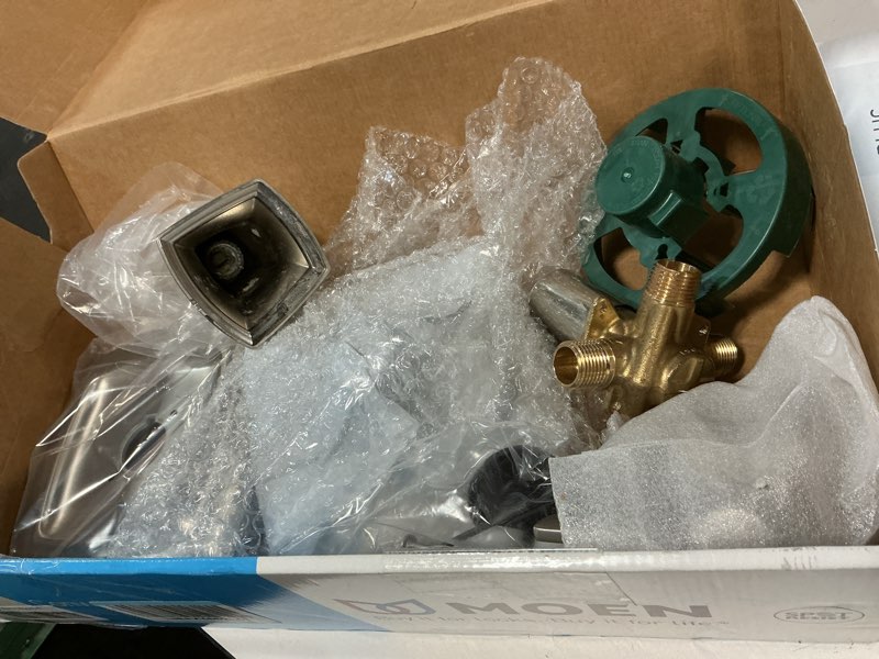 Condition photo showing As Is for Moen Conway Spot Resist Brushed Nickel Bathroom Shower Trim Kit with Square Showerhead, Handle, Tub Spout, and Posi-Temp Valve Included, 82922SRN Spot Resist Brushed Nickel Shower