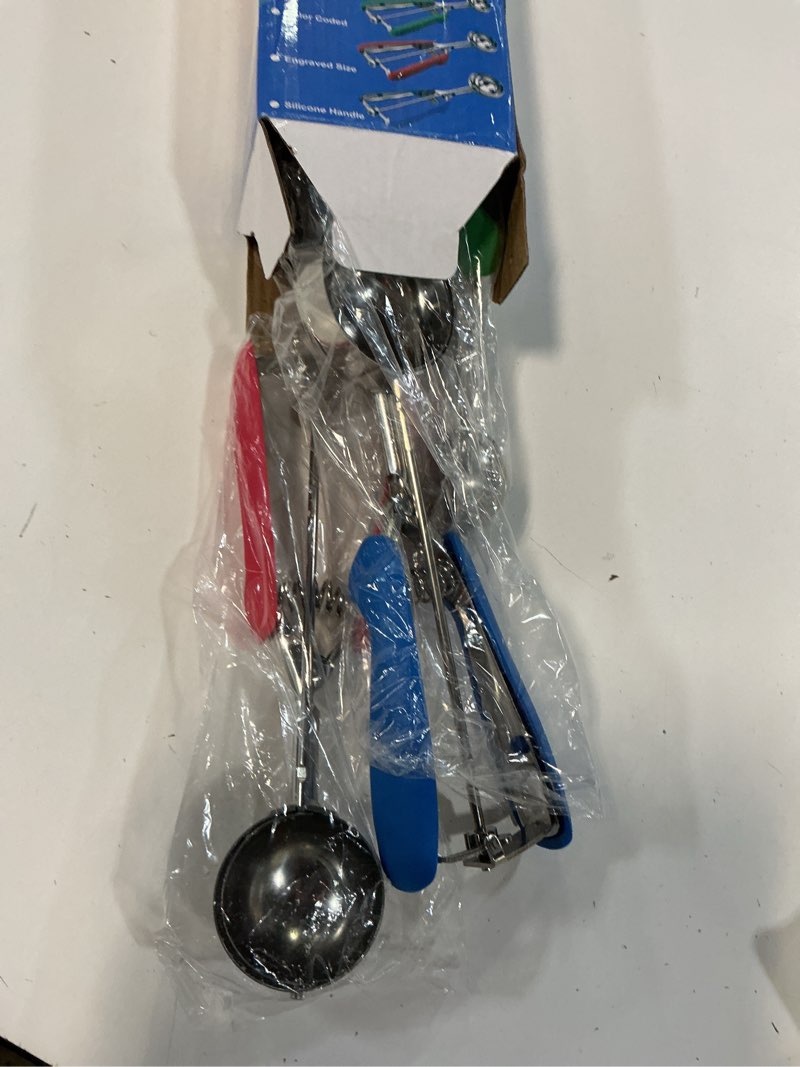 Condition photo showing Good Condition for cookie scoop set of 3,color-coded cookie scoops for baking with engraved sizes,18/8 stainless steel ice cream scoop with non-slip soft rubber handles,dough scoopers for cupcakes,meatballs,muffins multicolor