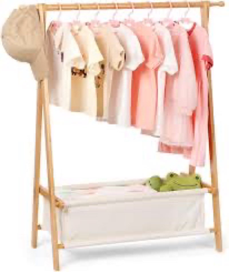 Kids Clothing Rack with Storage, Dress Up Rack, Child Clothes, Small Garment, for Costume, Bamboo (Pink)