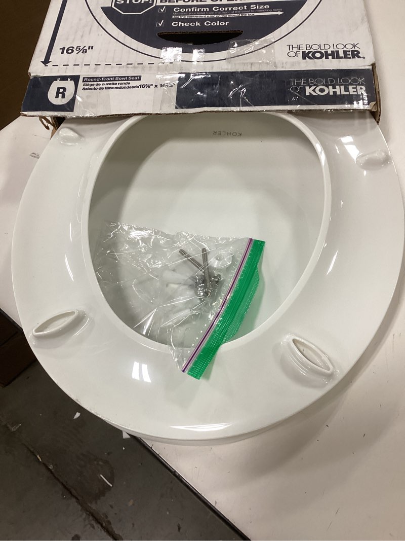 Condition photo showing As Is for KOHLER 4639-RL-0 Cachet ReadyLatch Round Toilet Seat Soft Close, White