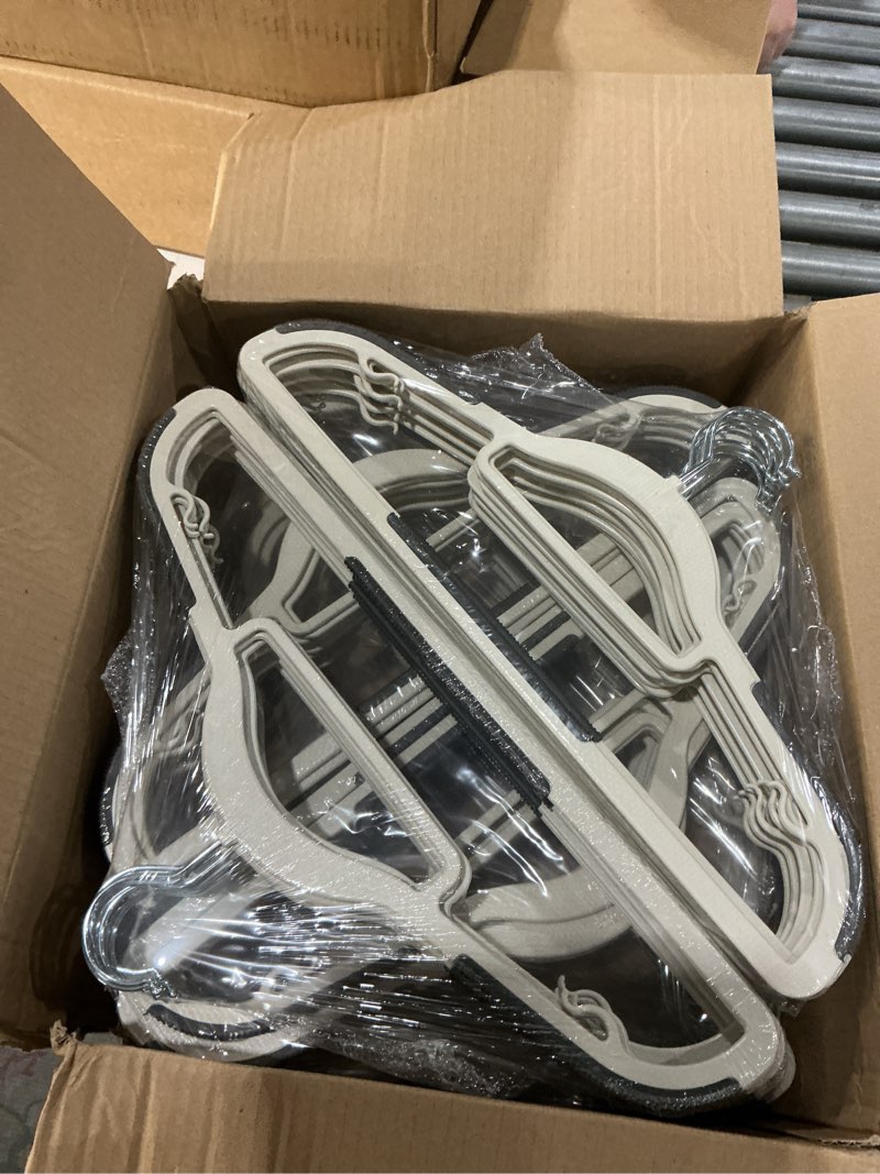 Condition photo showing New/Like New for 60 pack heavy duty plastic hangers, non slip clothes hangers with rubber pads and 360° hook - thin space saving hanger, closet organizer for shirt, pants, suit, skirt,coat - gray gray 60 pack