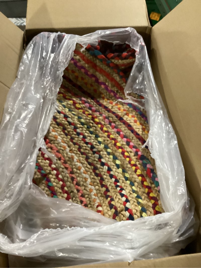 Condition photo showing Good Condition for Hausattire Bohemian Braided Rug 5' Round - Multi Color, Rustic Hand Woven Rag Rugs for Kitchen, Kids Bedroom, Living Room | Colorful Farmhouse Pet Friendly Reversible Decorative Carpet 5' (Round) Multi Color