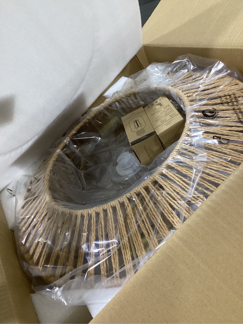 Condition photo showing Good Condition for 19 Inch Caged Ceiling Fans with Light, Hand-Woven Rattan Low Profile Fandelier Ceiling Fans with Light and Remote Control, 6 Speed, Bladeless Boho Enclosed Flush Mount Ceiling Fan for Bedroom Kitchen Brown