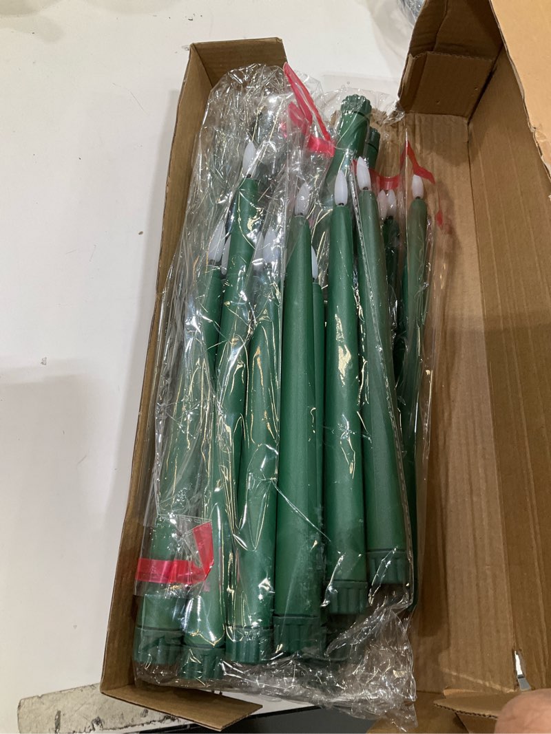 Condition photo showing Good Condition for 24 Pcs Flameless LED Taper Candles Battery Operated Candles 8.58'', 9.69'', 10.98'', 12.91'', 12.8'' Flameless Candlesticks Flickering for Halloween Christmas Church Wedding(Green)