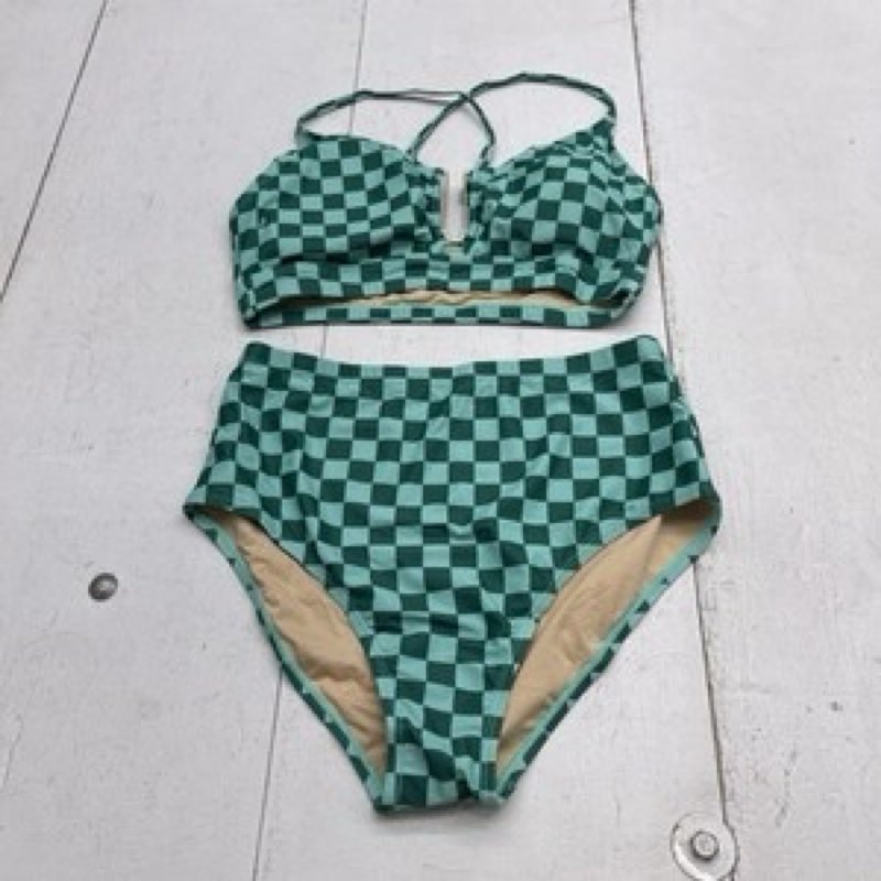 Herseas Bikini Swimsuit Set Womens L Green Checkered High Waist Bralette 2 Piece Size XS