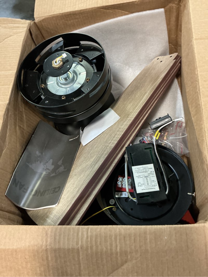 Condition photo showing As Is for Flush Mount Ceiling Fan with Lights - 46IN Modern Indoor/Outdoor Ceiling Fan Light with Remote/APP, Low Profile Fan Light with 6 Speeds, Dimming, for Bedroom, Living Room, Brown 46IN Brown-46in