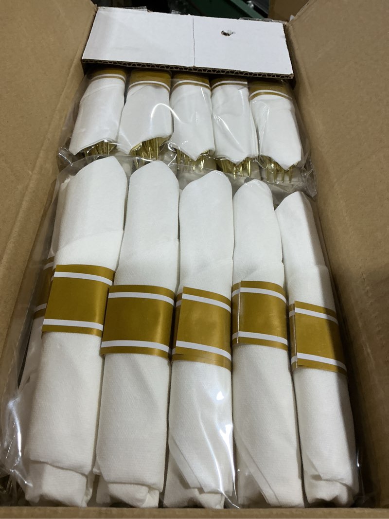 Condition photo showing Good Condition for wdf partyware 350piece gold dinnerware set for 50 guests - gold plastic plates with disposable cutlery - 50dinner plates-50dessert plates-50pre rolled napkins with silverware for wedding/birthday white and gold 350