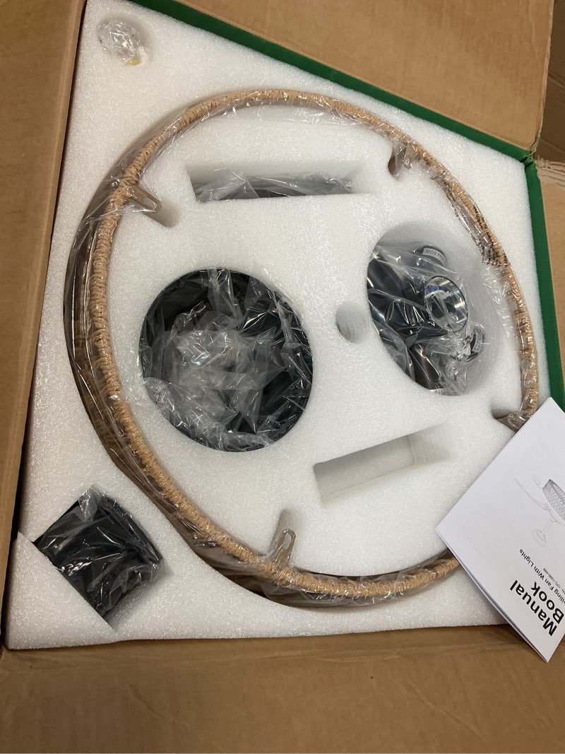 Condition photo showing Good Condition for 48 inch retractable ceiling fans with lights and remote, boho caged farmhouse ceiling fan, invisible rattan fandelier with reversible 6 speeds,timer, chandelier fan for living room bedroom dining room black 48 inch