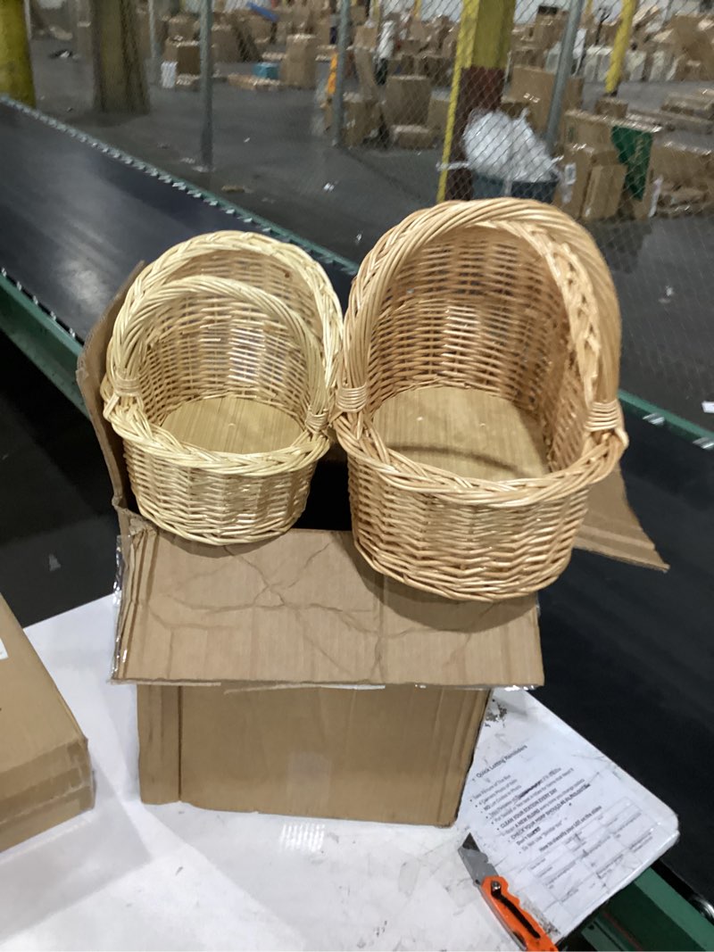 Condition photo showing As Is for woven rattan baby stroller baskets, vintage rattan flower cart, wicker stroller carriage for baby shower,wedding and gift decorations, pushcart-style decorative flower stands (12 in + 15 in) 12in+15in
