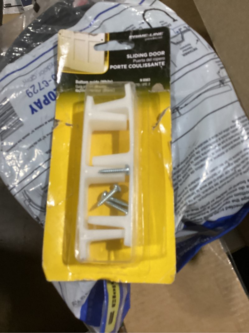 Condition photo showing As Is for sliding closet door bottom guide, 4-3/16 in., plastic, white (2-pack)