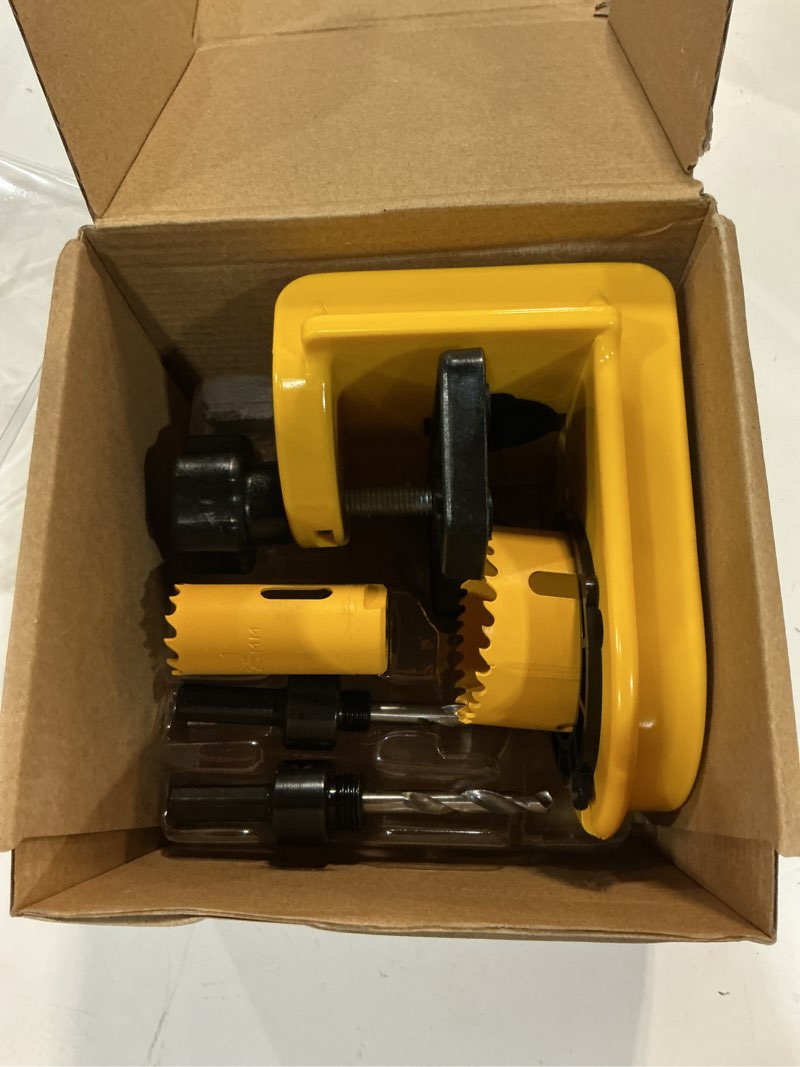 Condition photo showing Good Condition for door lock installation kit - c-clamp design tool-free clamping for metal & wood doors, 2 adjustable bushings, with bi-metal hole saw & anti-warp backing plates (yellow)