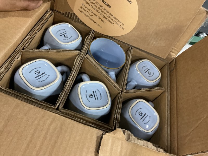 Condition photo showing New/Like New for famiware coffee mugs set of 6, ocean square 13oz coffee cup set with handle for cocoa, milk, hot chocolate, tea, water, stoneware cups for kitchen, microwave and dishwasher safe, blue 6pcs ocean square-blue