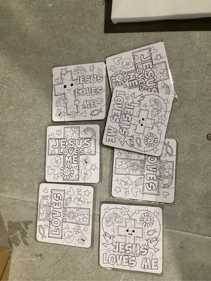 Condition photo showing Good Condition for Realspring 24 Pack Religious Jesus Loves Me Color Your Own Jigsaw Puzzles for Kids 3-5, 4-6, 6-8, Coloring Crafts DIY Paper Puzzles Party Favors Gifts for Toddler Children Learning Education Toys