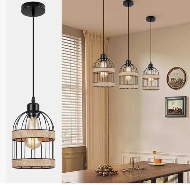 Senyshilon Rustic Pendant Lights Kitchen Island | 3-Light Lantern Hanging Light Fixtures with Hemp R