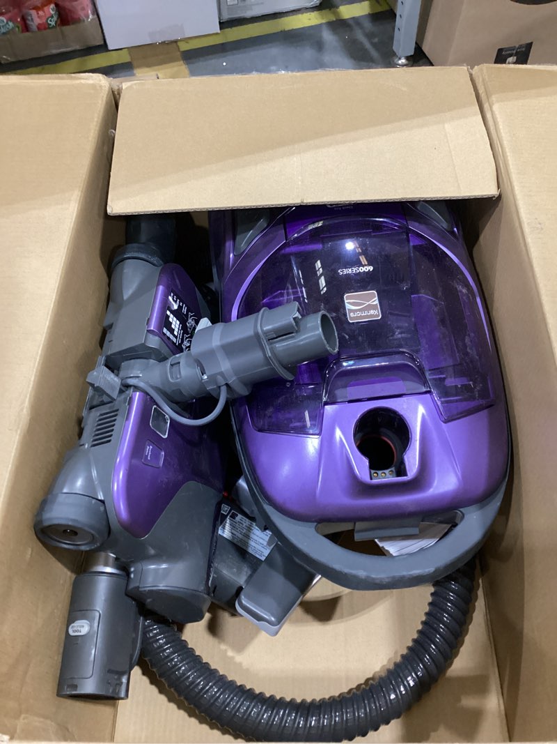Condition photo showing As Is for kenmore 600 series pet friendly lightweight bagged canister vacuum with pet powermate, pop-n-go brush, 2 motors, hepa filter, aluminum telescoping wand, retractable cord and 4 cleaning tools, purple