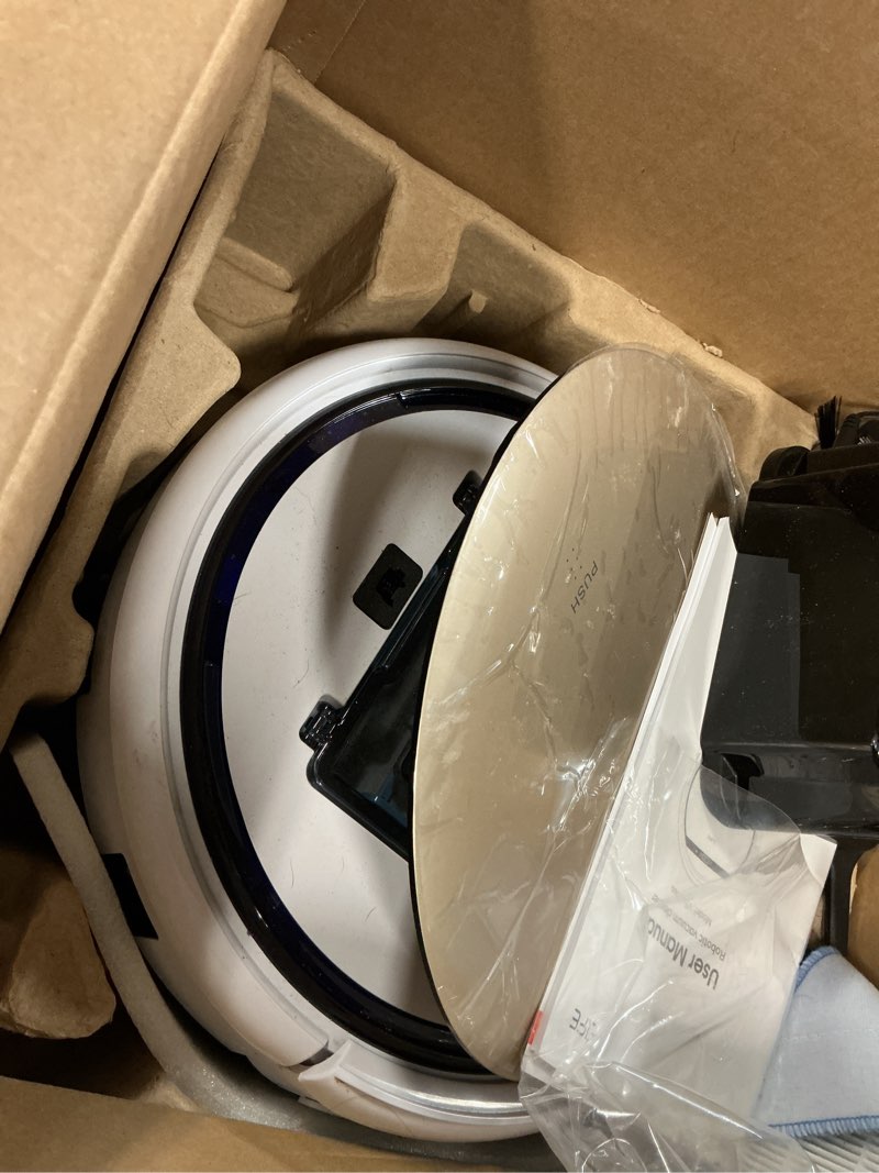 Condition photo showing As Is for ilife a30 pro robot vacuum and mop, self emptying station for 60 days, 5000pa suction, lidar navigation, no-go zones, 2.4g wifi/app/alexa/remote control, clean hard floors to medium-pile carpet, 110v