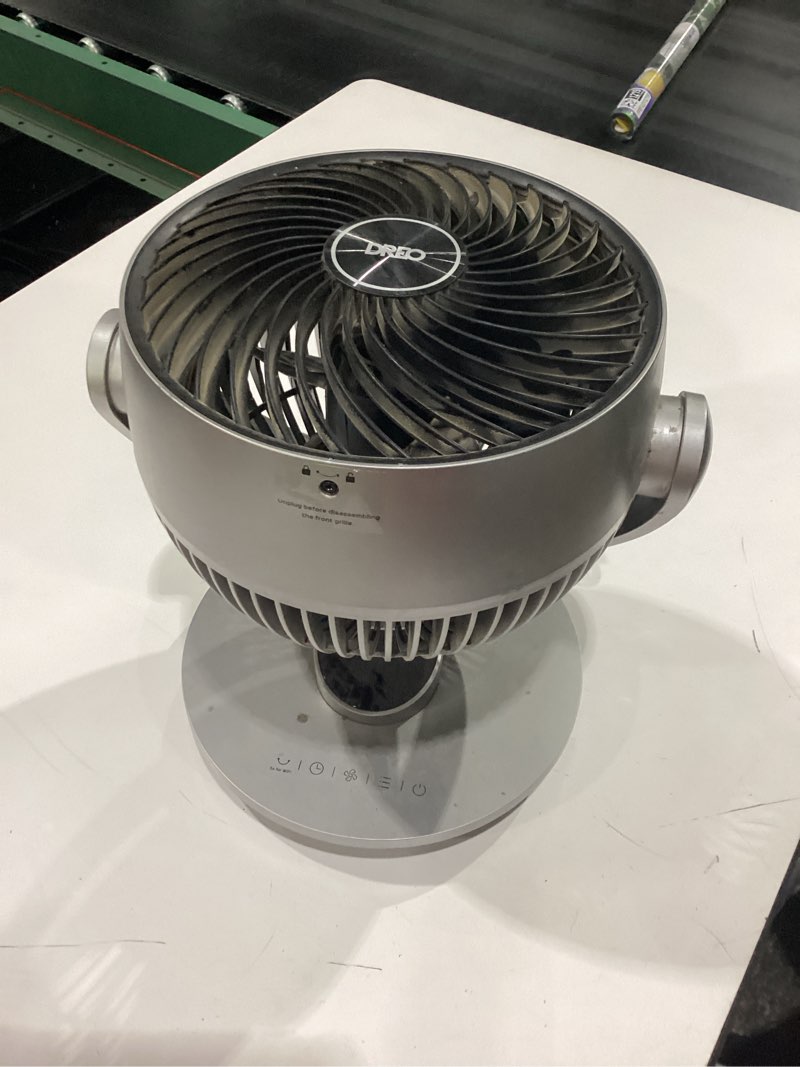 Condition photo showing As Is for dreo smart fan for bedroom,120° vertical and 90° oscillating fan with remote/voice, 13 inch height quiet air circulator for whole room, 70 ft, 4 speeds, 5 modes, 12h timer, desk fans for home, office silver