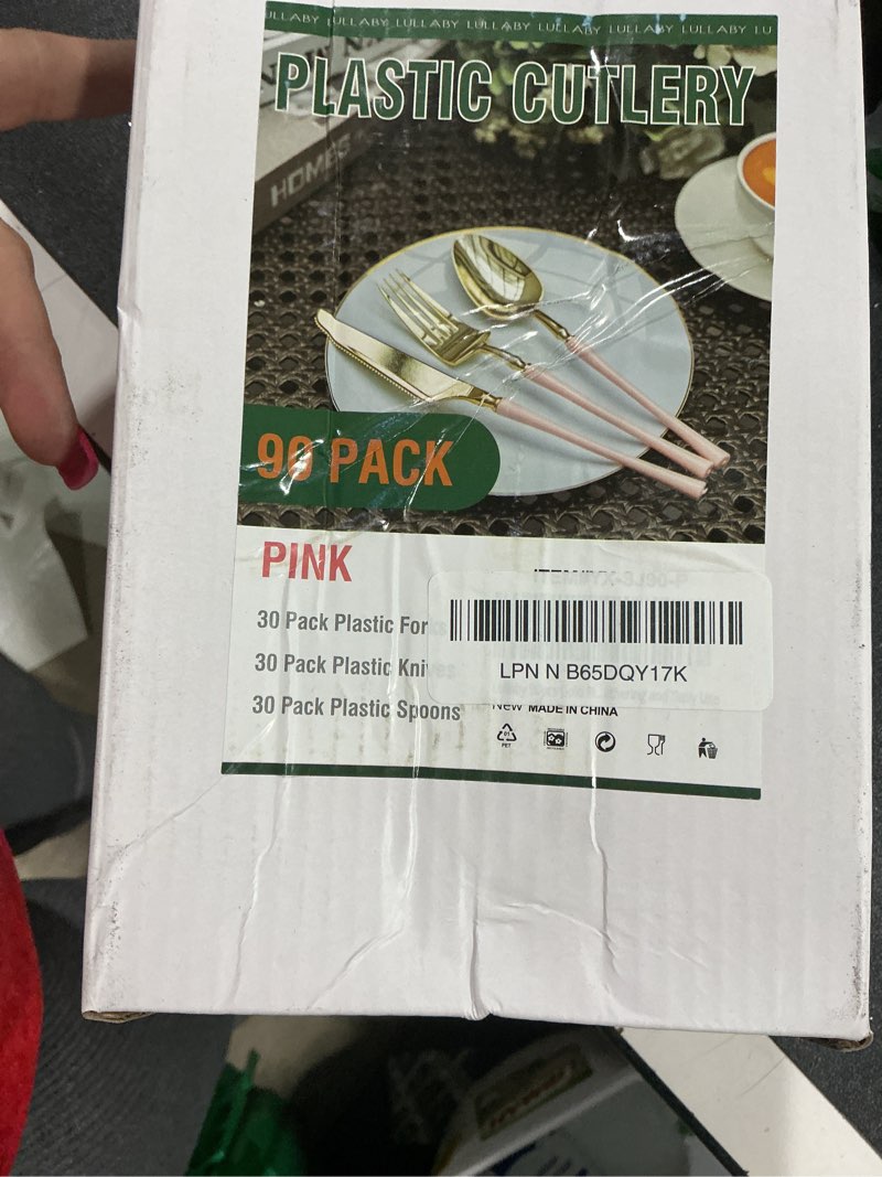 Condition photo showing New/Like New for Lullaby 90pcs Gold Plastic Silverware, High End Disposable Cutlery with Pink Handle Include 30 Forks, 30 Spoons, 30 Knives, Elegant Disposable Silverware for Wedding, Party, Gathering and Daily Use Pink-90PCS