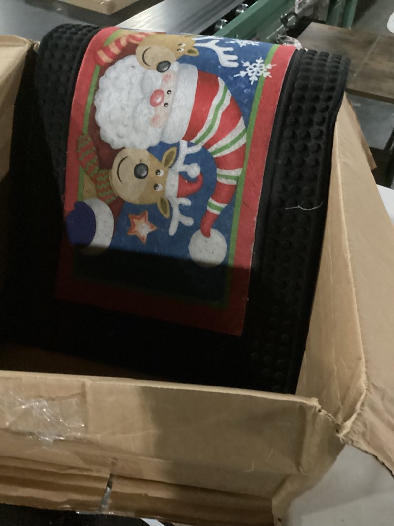 Condition photo showing As Is for DEXI Merry Christmas Front Door Mat with Light & Music, 18x30 Heavy Duty Rubber Entrance Mat, Non Slip Indoor Outdoor Xmas Welcome Doormat for Entryway, Blue and Red 1'6" x 2'6" (Rectangular) Blue and Red