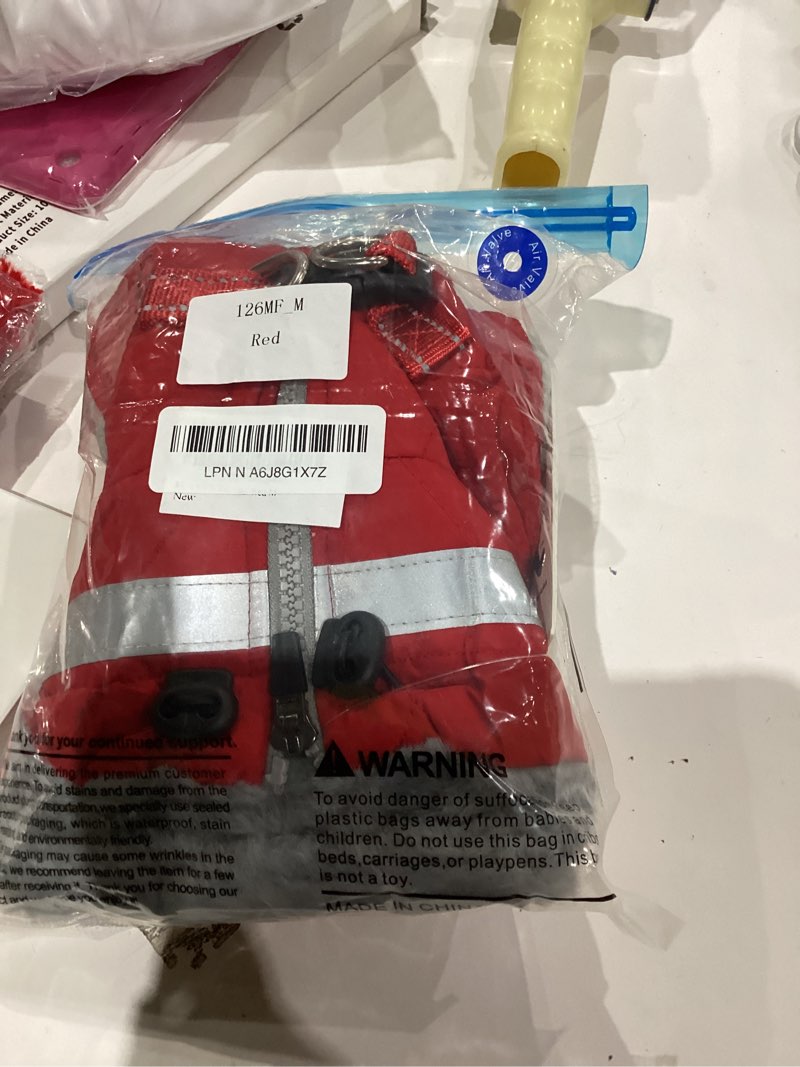 Condition photo showing As Is for FUAMEY Dog Coat for Medium Dogs,Waterproof Dog Winter Jacket with Harness Built in Puppy Cold Weather Coats Reflective Pet Vest with Zipper Warm Fleece Dogs Snowsuit Windproof Red M Medium(chest:21in) Red