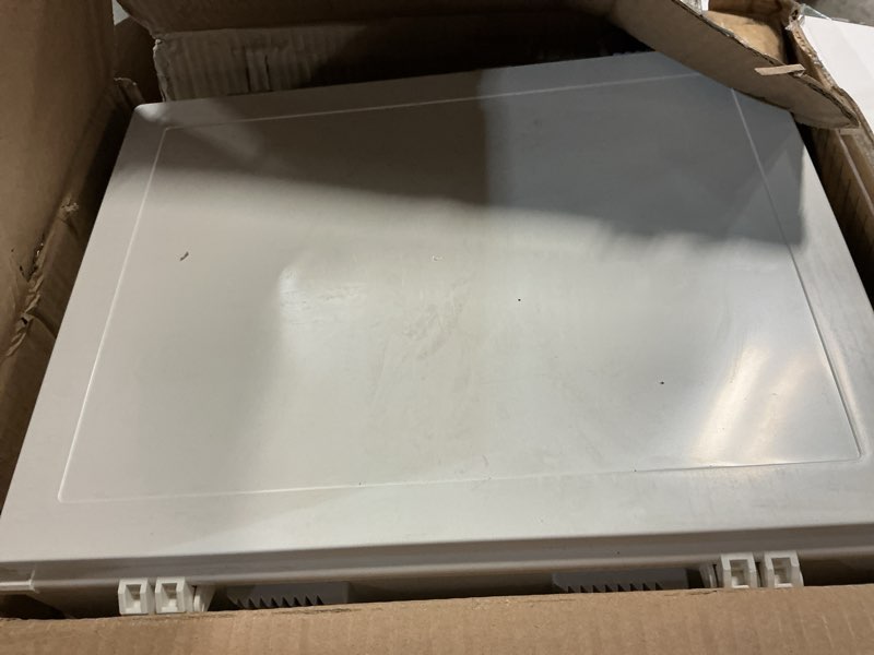 Condition photo showing As Is for outdoor electrical junction box, abs water resistant enclosure with internal mounting panel & hinged cover (18.1" h* 12.6" l* 4.3" w) 18.1"h* 12.6"l* 4.3"w
