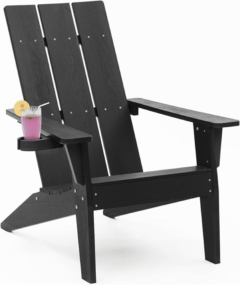*similar to stock photo*missing pieces*MXIMU Modern Adirondack Chair Weather Resistant with Cup Holder Oversized Fire Pit Chairs Adorondic Plastic Outdoor Chairs for Firepit Area Seating (Black)
