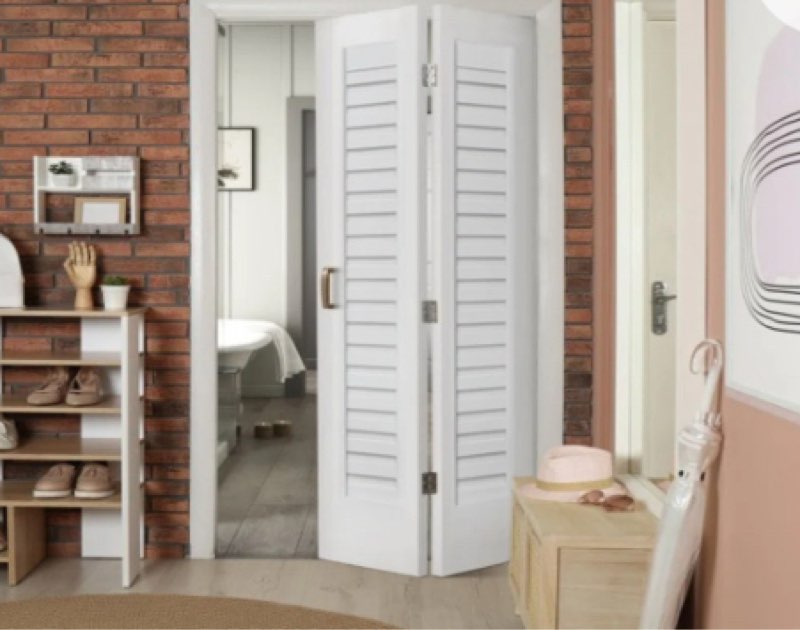 White Primed Smooth Solid Wood Core Shadow Louver Bifold Door INCOMPLETE 