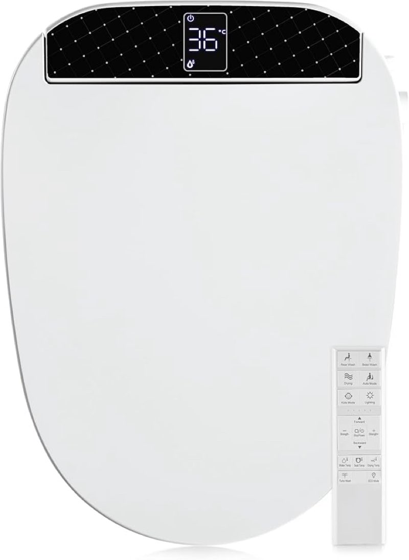 combier b bidet toilet seat with turbo wash, wireless remote and side panel, the heated toilet seat have adjustable heated seat, warm water, air dryer & multiple spray modes(elongated)