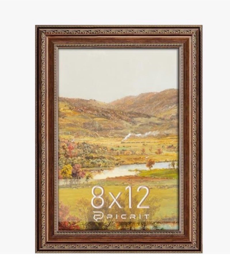 picrit 8x12 antique gold bronze victorian picture frame, 2.75 inch wide ornate border, tempered glass & black backboard, wall mountable photo frame for gallery wall art home decor, 1 pack gold bronze 8x12